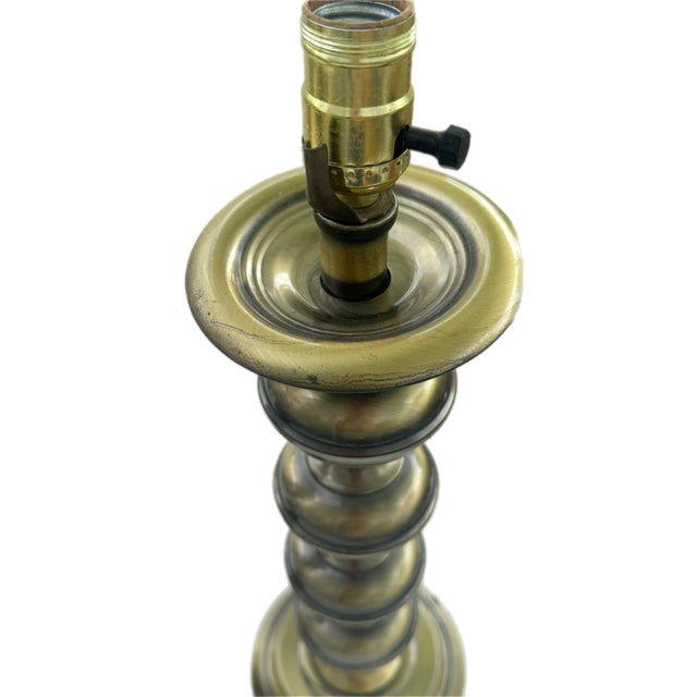 Mid Century Modern Brass Tone Stacked Cylinder Table Lamp- A Pair For Sale - Image 12 of 12