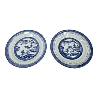 Pair of 19th Century Chinese Export "Canton" Blue & White Porcelain Plates, 8.5" For Sale