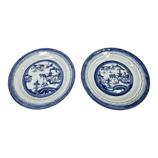 Pair of 19th Century Chinese Export "Canton" Blue & White Porcelain Plates, 8.5" For Sale