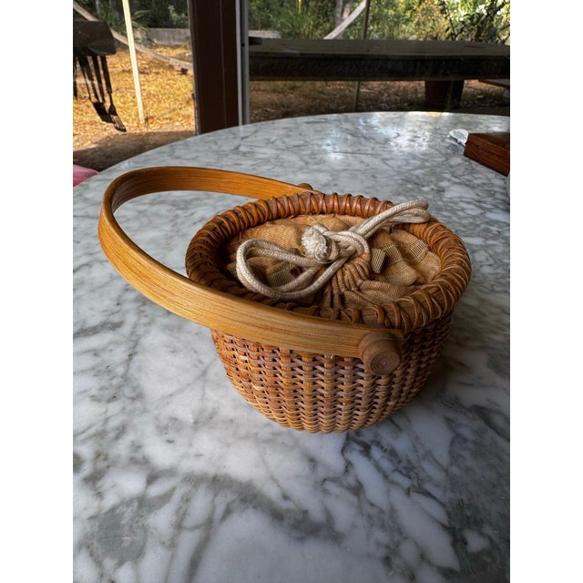 Wood Vintage Nantucket Woven Sewing Basket With Moving Handle, Drawstring Liner & Matching Pin Cushion For Sale - Image 7 of 11