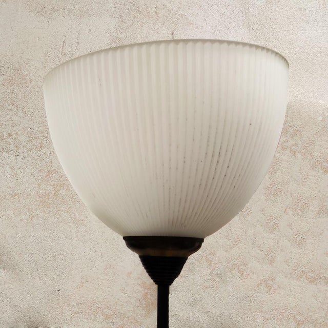 Sergio Mazza attr. | pair of floor lamps | iron and glass | h cm. 200 x 35 | frosted opaque glass ribbed 35 cm | 80 This...