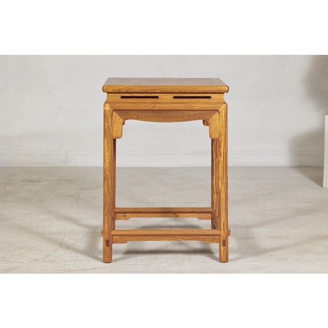Vintage Chinese Square Elm Lamp Table with Pierced Apron and Warm Wood Grain Finish For Sale - Image 4 of 12