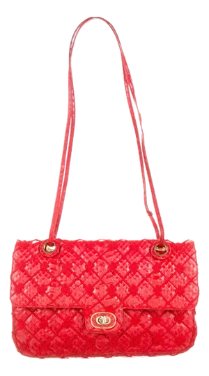 Vintage 1990s Judith Leiber Quilted Snakeskin Double Flap Red Day Evening Shoulder Handbag Gold