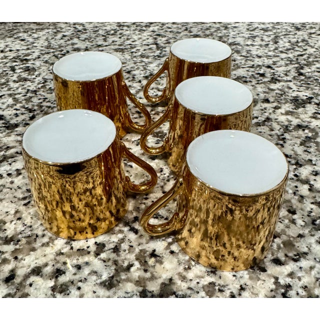 1960s Vintage Hollywood Recency Gold Gilded Porcelain Demitasse Espresso Set - 5 Cups & 3 Saucers - 8 pcs For Sale - Image 5 of 11
