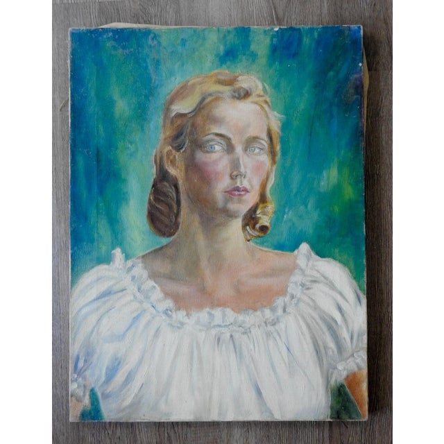 Mid 20th Century Wpa Style Woman in White Portrait Painting For Sale In Seattle - Image 6 of 7