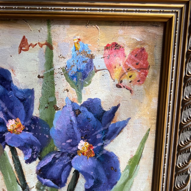 European School 20th Century Oil on Canvas Impressionist Floral Still Life Blue Irises and Butterfly Framed Signed For Sale - Image 4 of 10
