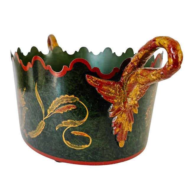 Italian Vintage Italian Tole Hand Painted Faux Malachite Green Oval Jardiniere For Sale - Image 3 of 8
