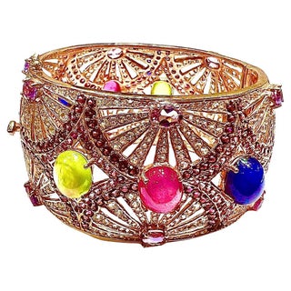 Bochic "Capri" Vintage Ruby, Sapphire & Emerald Cuff Set In 18K Gold & Silver For Sale
