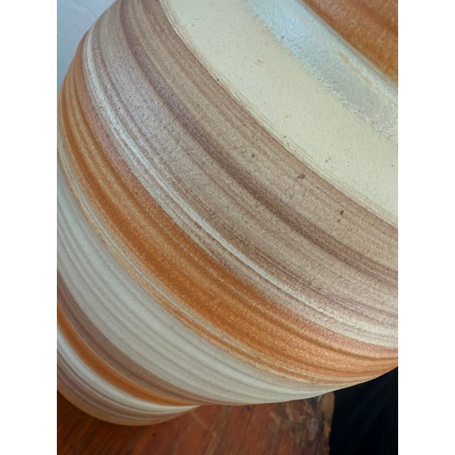 Mid-Century Modern 1960s Turned Studio, Pottery Ceramic Lamp, Striped Orange, and Cream Glaze With Shade For Sale - Image 3 of 6