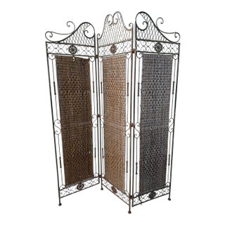 Vintage Wrought Iron & Woven Rattan Folding Room Divider Screen For Sale