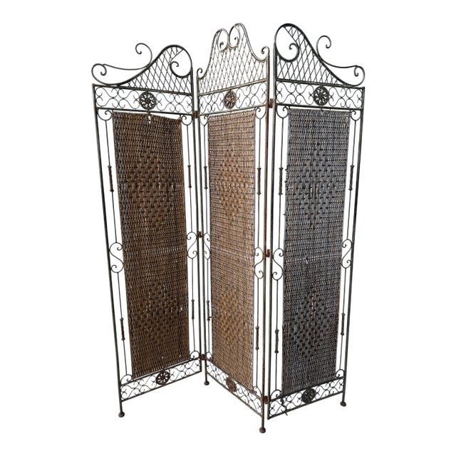 Vintage Wrought Iron & Woven Rattan Folding Room Divider Screen For Sale