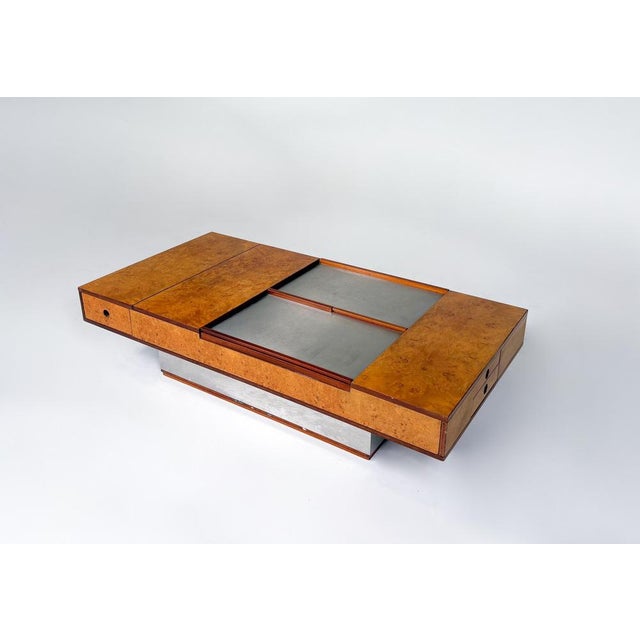 Mid-Century Burl Wood and Metal Coffee Table attributed to Guido Faleschini, 1970s For Sale - Image 4 of 15