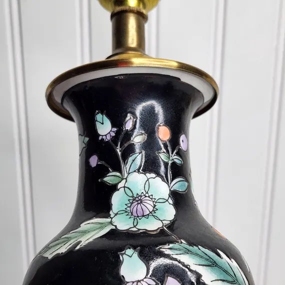 Vintage Famille Noire Black Floral Porcelain Chinoiserie Small Leviton Table Lamp Hong Kong For Sale - Image 10 of 13