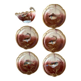 1950s Limoges French Hand-Painted Fish Plate 6 Pc Set With Gravy Sauce Boat, For Sale