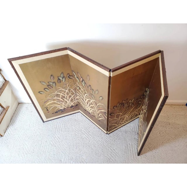 Vintage Japanese Byobu 4-Panel Gold Leaf Folding Screen Hand Painted Wheat Field Signed For Sale - Image 14 of 15