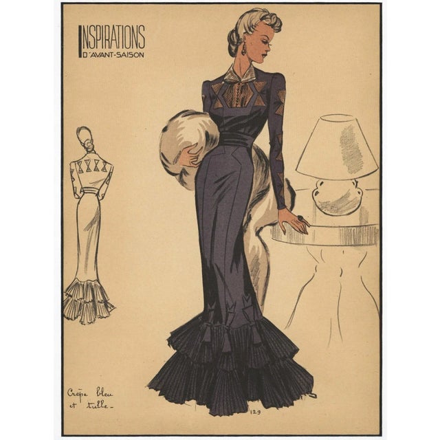 1940s Rare Large Mid-Century French Fashion Design Print, Evening Dress, Matted For Sale - Image 4 of 4