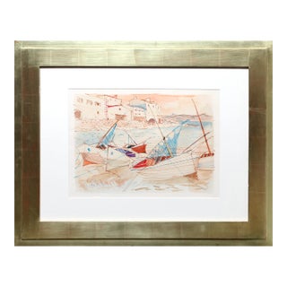 Sailboats at Shore, Charles Levier Watercolor Painting For Sale
