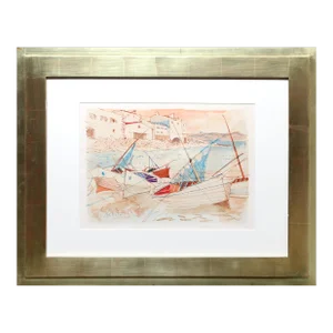 Sailboats at Shore, Charles Levier Watercolor Painting
