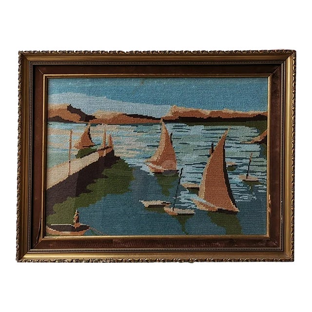 Vintage Cape Cod Sailboat Regatta Handmade Textile Art in Needlepoint