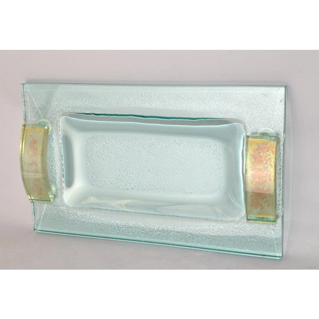 Fontana Arte Glass Beveled & Gold Infused Rectangle Footed Serving Tray Italy For Sale - Image 12 of 13