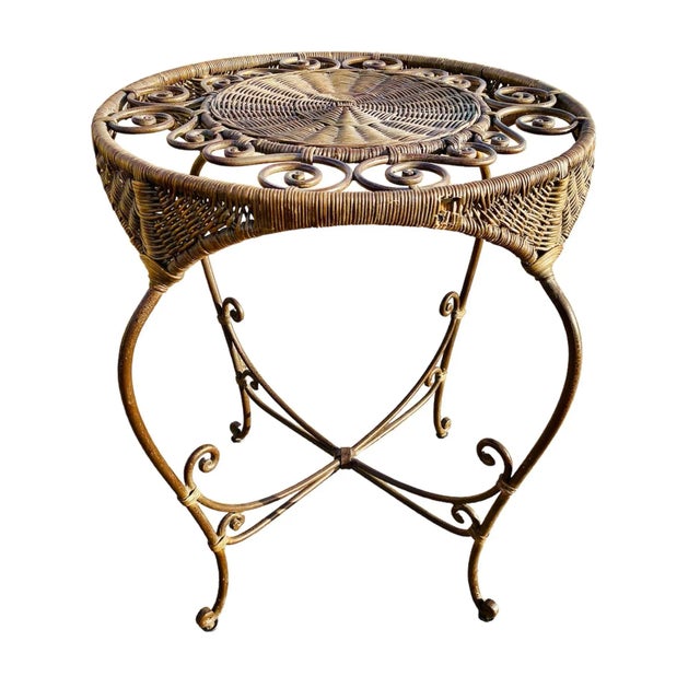 Bassett Furniture 1990s Bassett Wrought Iron and Woven Wicker Rattan Table & 4 Peacock Style Chairs Dining Set For Sale - Image 4 of 12