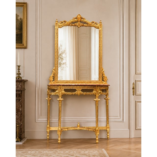 1950 French Louis XVI Gold Console Mirror Set - 2 Pc For Sale - Image 4 of 11