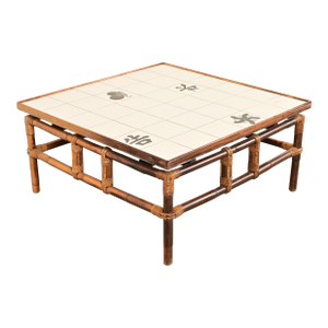John Wisner for Ficks Reed Mid-Century Hollywood Regency Bamboo Rattan Tile Top Coffee Table, 1950s