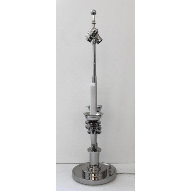 Vintage Karl Springer Attributed Table Lamp Nickel Plated Art Deco Revival from a Palm Beach estate. This stylish Art Deco...