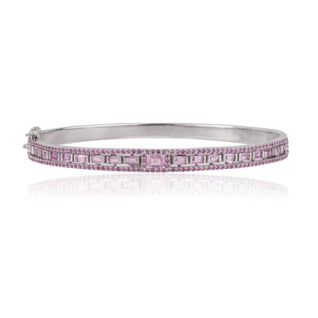 Pink 925 Sterling Silver Geometric Hinged Bangle With Mixed Cut Pink Sapphires - Caratandher For Sale - Image 8 of 15