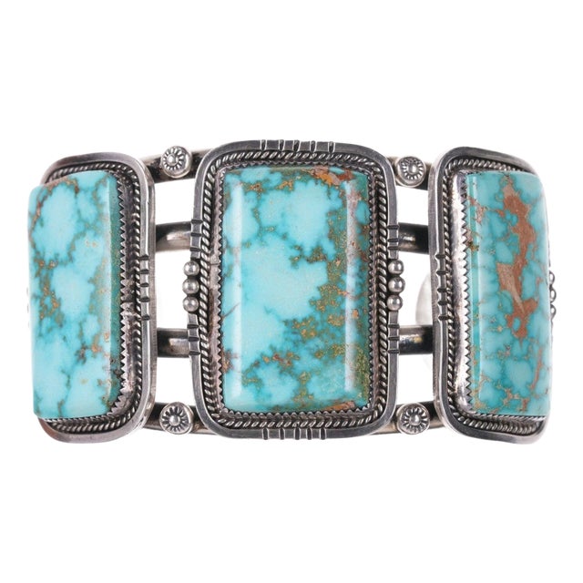 6.75" Large Vintage Navajo Sterling and Turquoise Bracelet For Sale