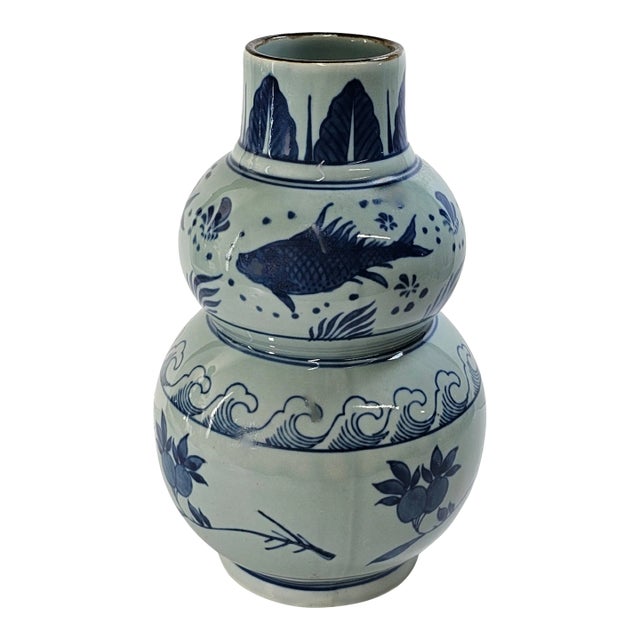 Chinese Blue and White Double Gourd Porcelain Vase With Scholar Fish Motif, Vintage 11.25" For Sale