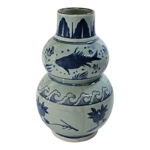 Chinese Blue and White Double Gourd Porcelain Vase With Scholar Fish Motif, Vintage 11.25"