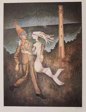 Man with Siren - Original Lithograph by Enrico Benaglia - 1960s 1960s