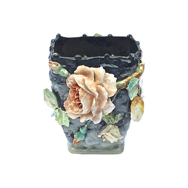 Antique French Barbotine Floral Basket Majolica Vase For Sale