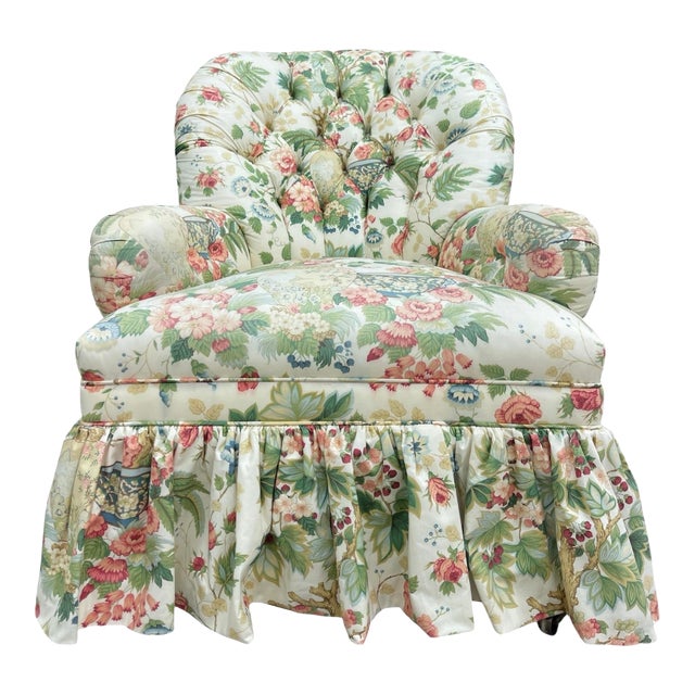 Vintage Hickory Chair Tufted Lounge Chair on Casters in Botanical Print For Sale
