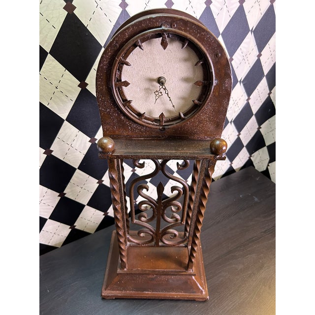Metal 1970s Grand Old World Ironwork Table Clock With Architectural Scrollwork, 25" For Sale - Image 7 of 18