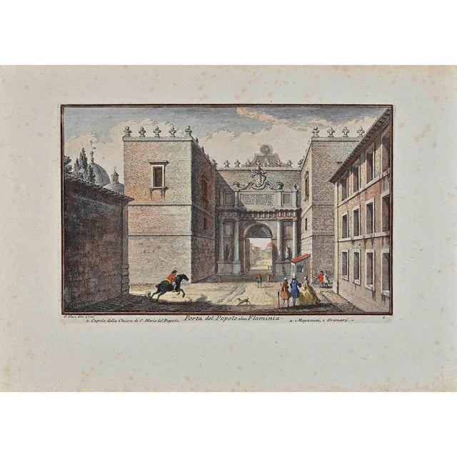 Porta del Popolo is an original etching of the Late 18th century realized by Giuseppe Vasi. Signed and titled on plate...