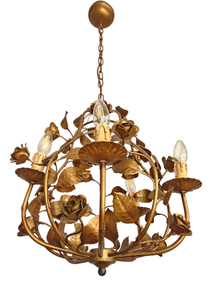 Hollywood Regency 4-Light Floral Chandelier in Hand-Forged Dark Gilt Metal with Rose and Leaf Ornaments, 1960s
