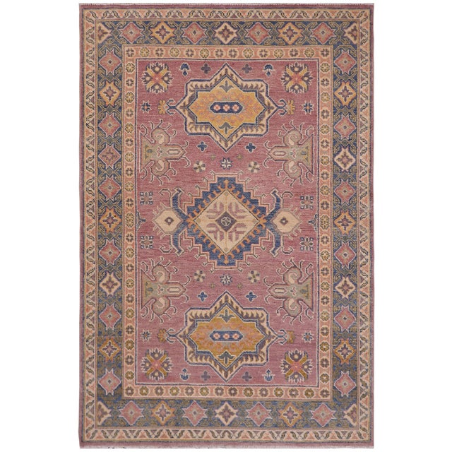 Rustic Kazak Southwestern Purple/Light Blue Wool Rug - 4'0''x5'10'' For Sale - Image 10 of 10