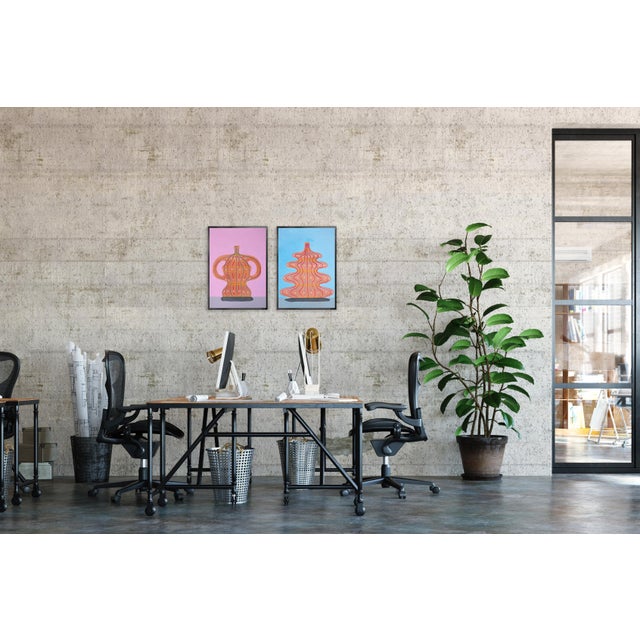 2020s 2025, Pink and Blue Trophies, Modern Still Life Vessels, Acrylic Paint and Gouache Crayon on Watercolor Paper - Set of 2 For Sale - Image 5 of 9
