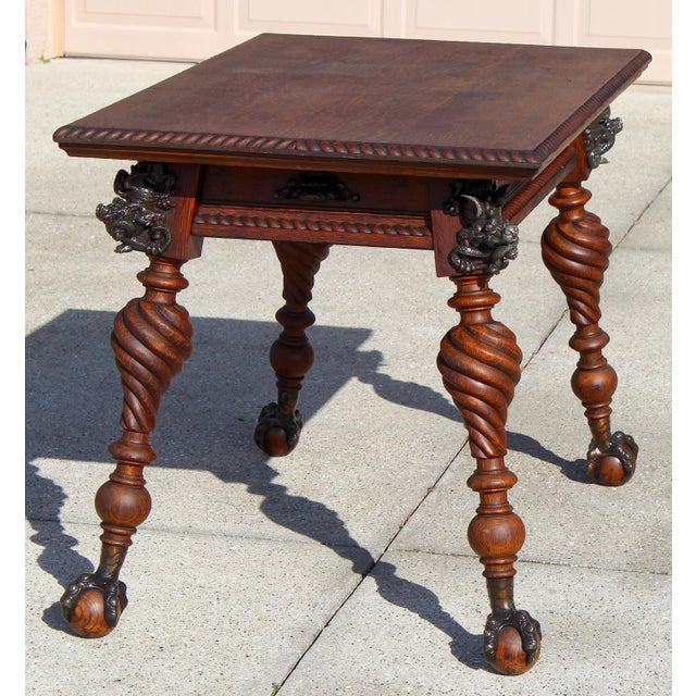 Wood Antique Renaissance Revival Carved Oak Writing Table / Desk With Bronze Dragons & Clawed Feet For Sale - Image 7 of 18