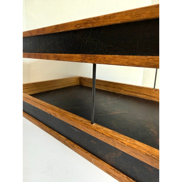 1960s Mid-Century Modern Oak & Black Leatherette Two-Tier Desk Organizer / Letter Tray For Sale - Image 10 of 12