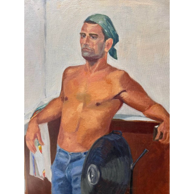 1970s Stunning Vintage 1970 Commissioned Painting of a Half Nude Male Wearing a Head Bandana While Resting Against a Counter For Sale - Image 5 of 9