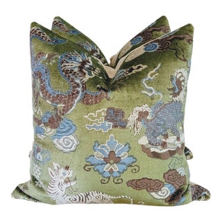 Pierre Frey Wanly Pillows in Foret Green - Pair 22" For Sale
