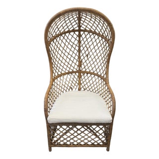 1970s Fabulous Classic High Back Throne Wicker Chair in Palm Beach Regency Style With White Linen Cushion For Sale