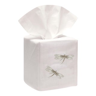Three Beige Dragonflies Tissue Box Cover in White Linen & Cotton, Embroidered For Sale