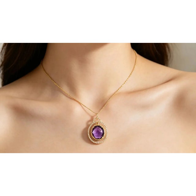 Art Deco Late 20th Century 14K Yellow Gold Amethyst Diamond Drop Pendant Necklace For Sale - Image 3 of 3