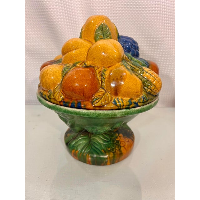 Majolica Vintage Majolica Style Fruit Stacked Lidded Bowl / Catchall For Sale - Image 4 of 11