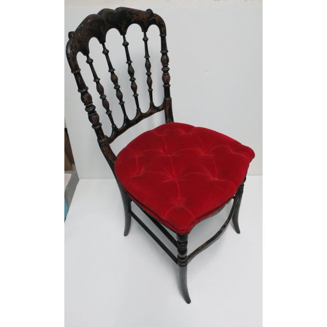 Chinoiserie Antique English Chiavari Black Wood and Red Velvet Chair For Sale - Image 3 of 11