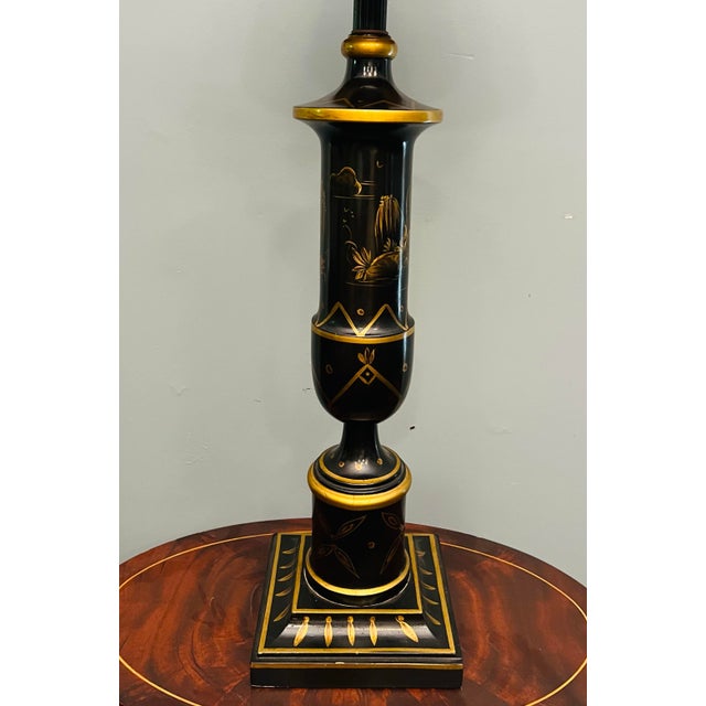 Black Vintage Black Lacquer Chinoiserie Table Lamp With Hand-Painted Gilt Decoration & Shade For Sale - Image 8 of 10